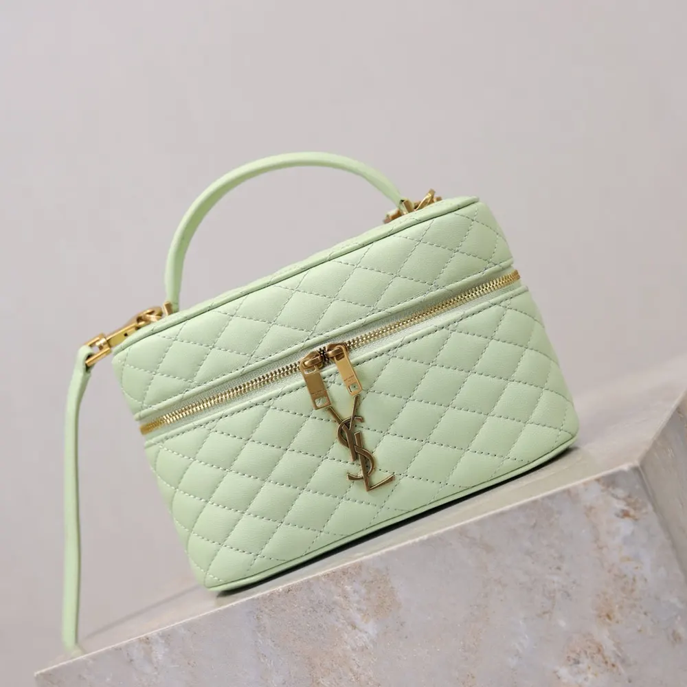 Side view of compact Saint Laurent YSL Women Gaby Vanity Bag In Lambskin-Aqua