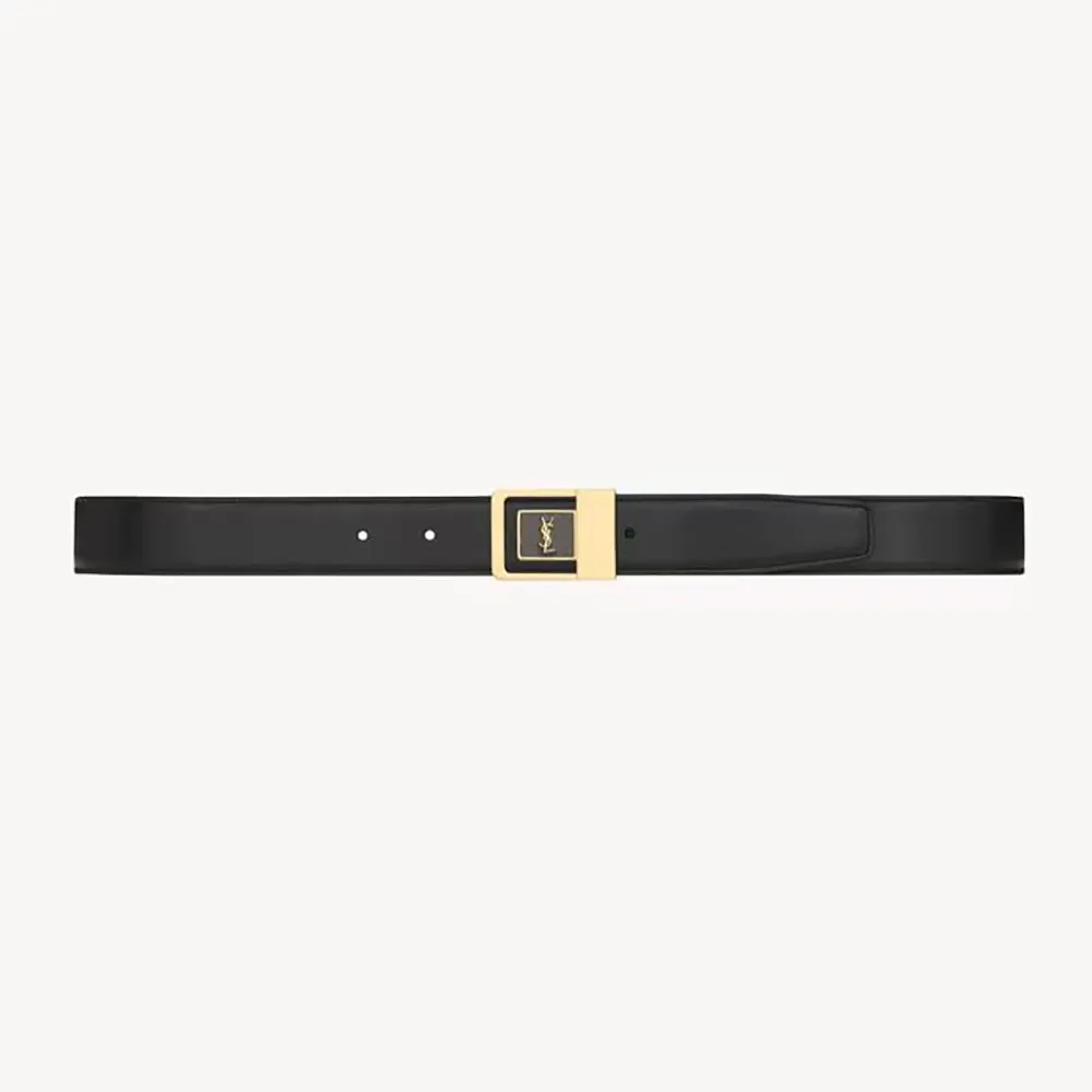 Front view of Saint Laurent YSL Women La 66 Buckle Belt in lacquered black leather