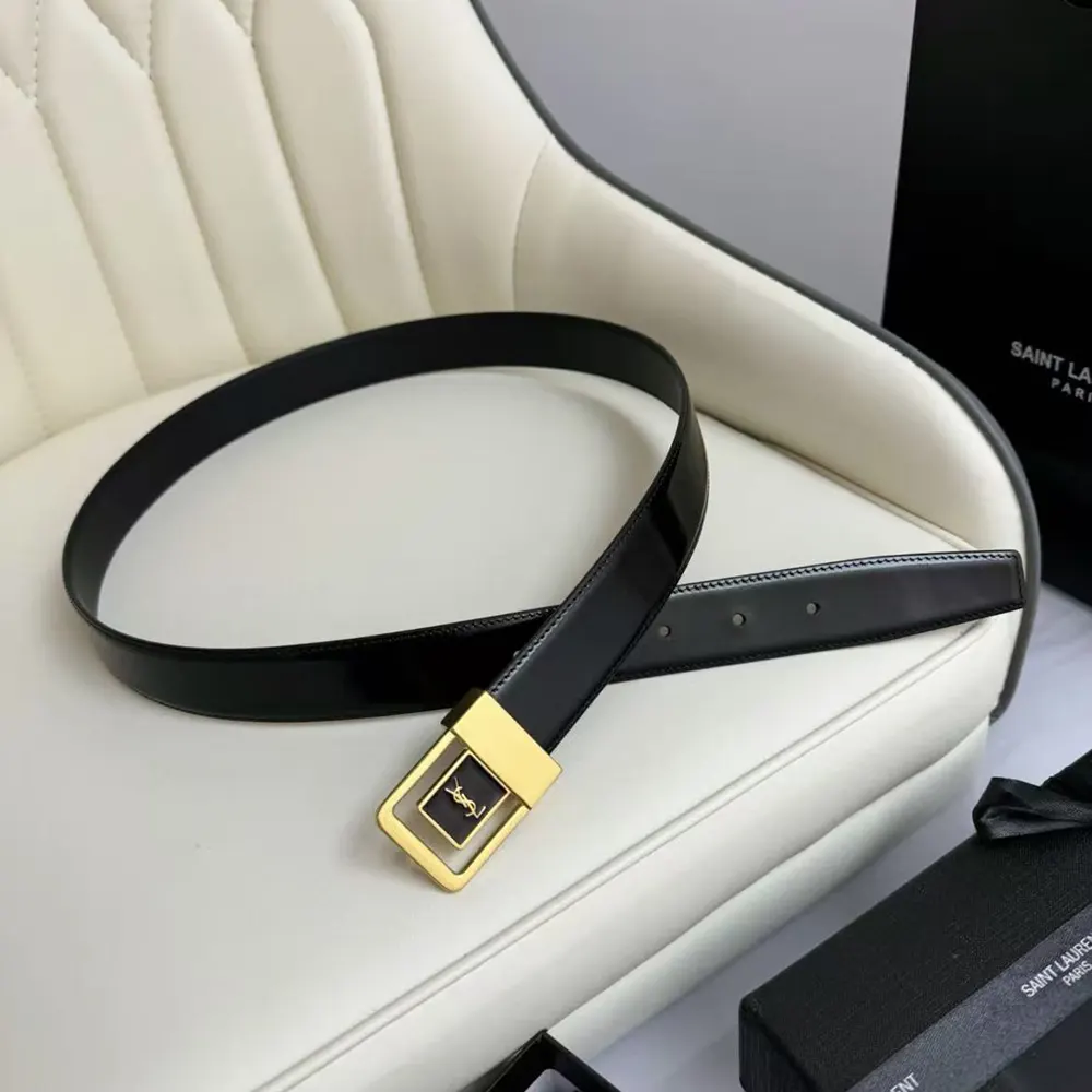 Side angle showing slim silhouette of Saint Laurent YSL La 66 Buckle Belt black