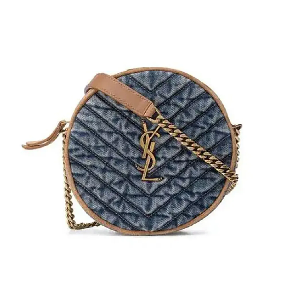 Front view of Saint Laurent YSL Women Logo-Plaque Round Crossbody Bag-Navy