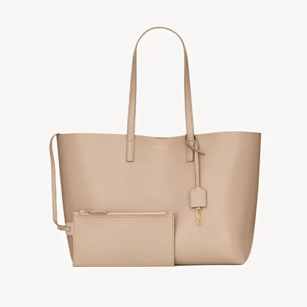 Front angle view of Saint Laurent YSL Women Shopping Saint Laurent in Leather-Sandy