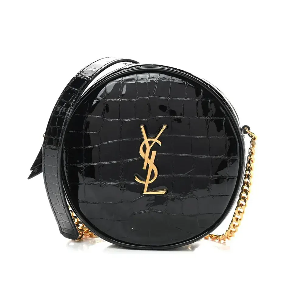 Front angle of Saint Laurent YSL Women Vinyle Round Camera Bag in Black