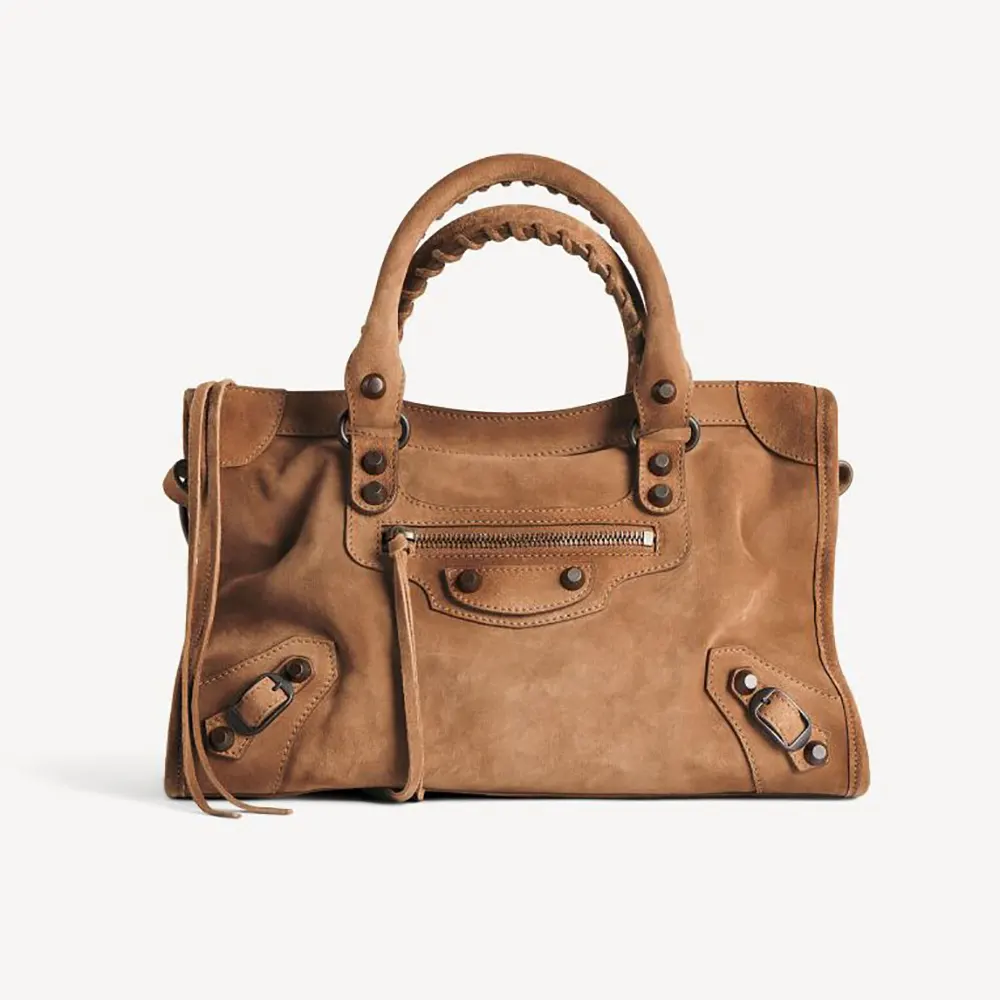 Front angle of Balenciaga Women Le City Bag Small in Camel Suede Calfskin