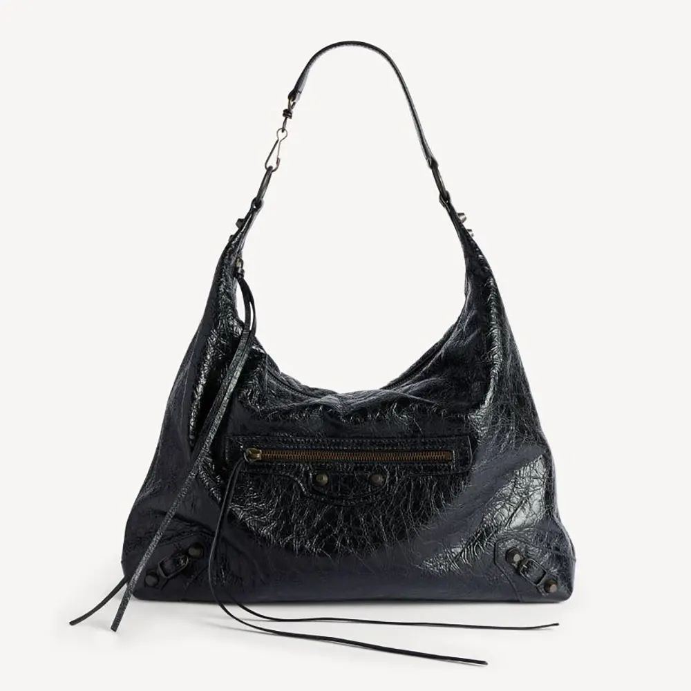 Front view of Balenciaga Women Le City Hobo Bag Medium in black lambskin
