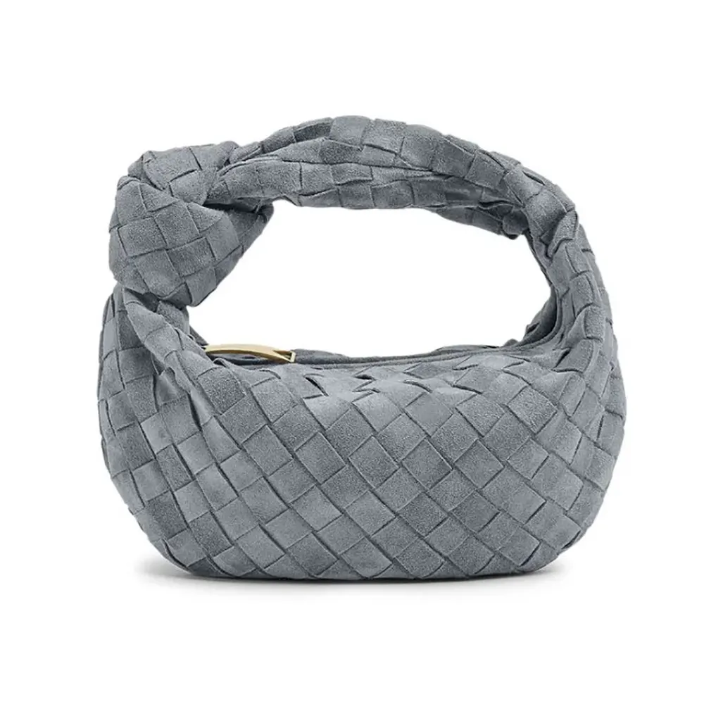 Front view of Bottega Veneta Women Mini Jodie in Intrecciato Suede-Silver