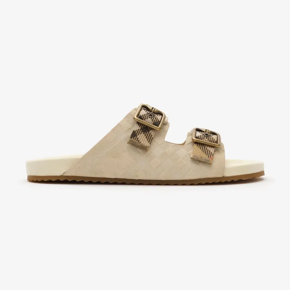 Side view of Burberry Unisex Check Suede Urchin Sandals in beige suede