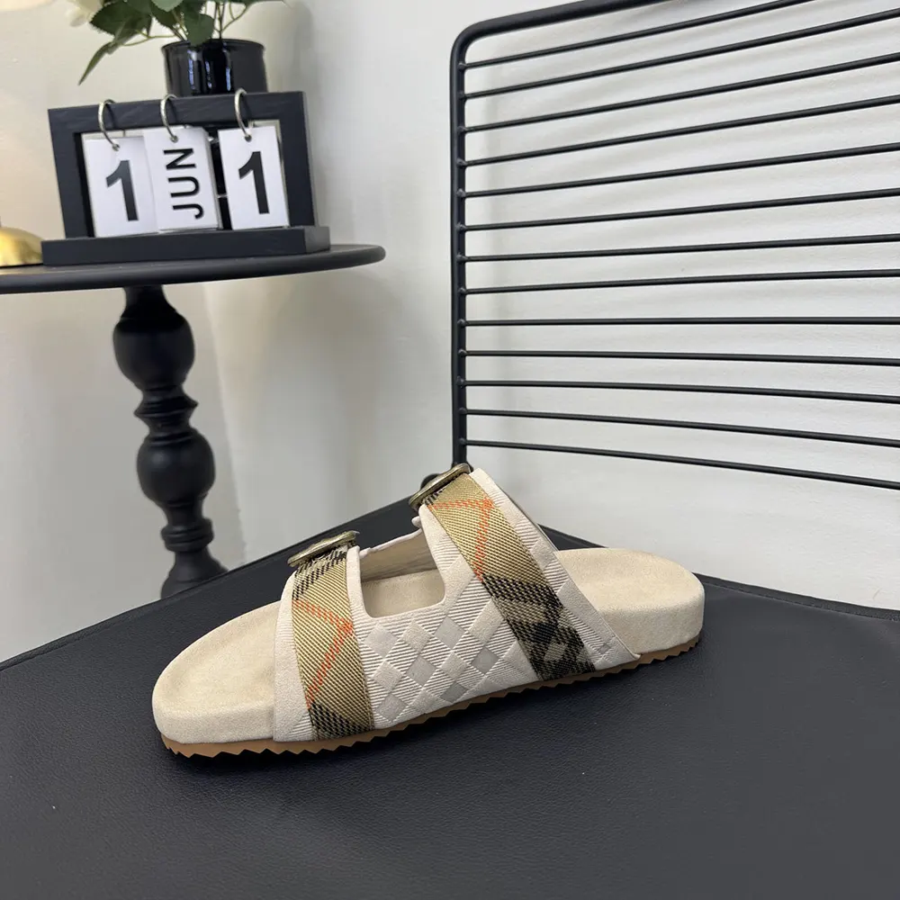 Top-down angle showcasing cushioned footbed of Burberry Unisex Check Suede Urchin Sandals
