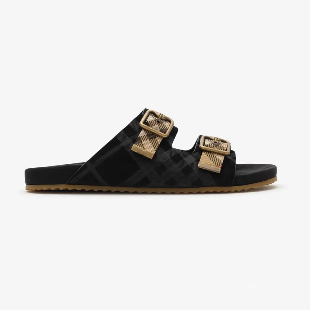 Side view of Burberry Unisex Check Suede Urchin Sandals-Black showing buckle