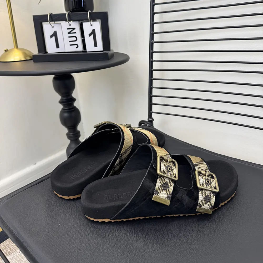 Top-down angle of Burberry Unisex Check Suede Urchin Sandals-Black in black suede