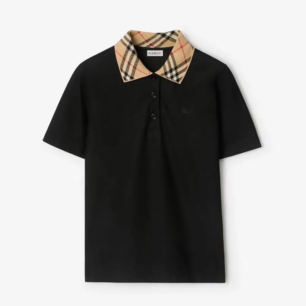 Front view of Burberry Men Check Collar Cotton Polo Shirt-Black on mannequin