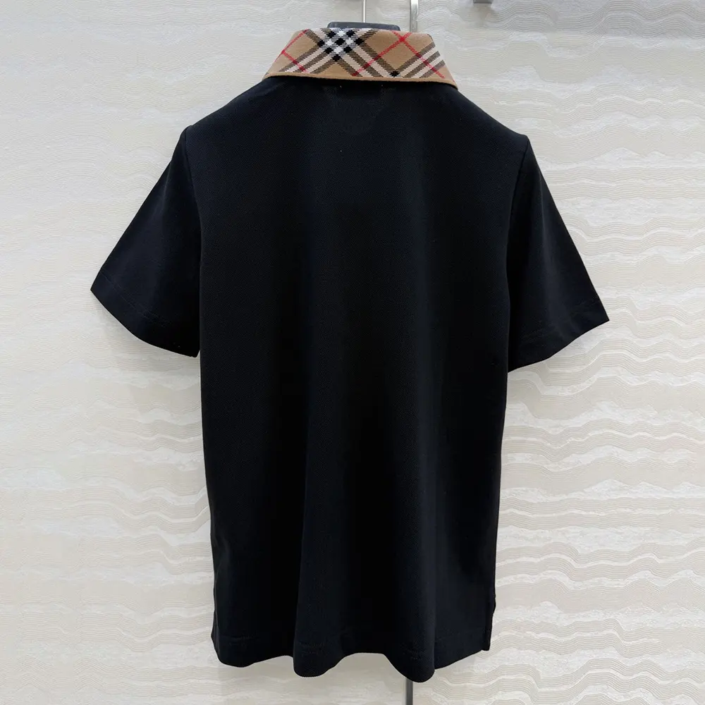 Side angle highlighting fit of Burberry Men Check Collar Cotton Polo Shirt-Black