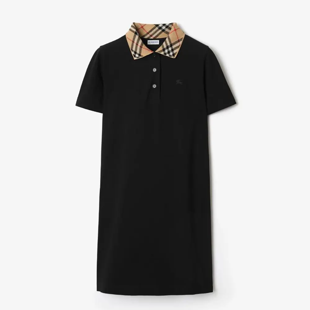 Front view of Burberry Women Check Collar Cotton Polo Shirt Dress-Black