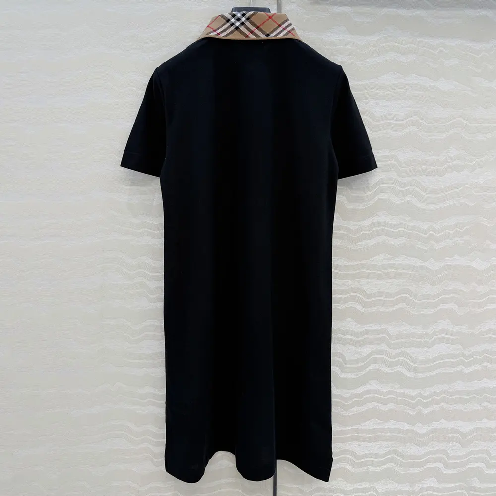 Back angle showing silhouette of Burberry Women Check Collar Cotton Polo Shirt Dress-Black