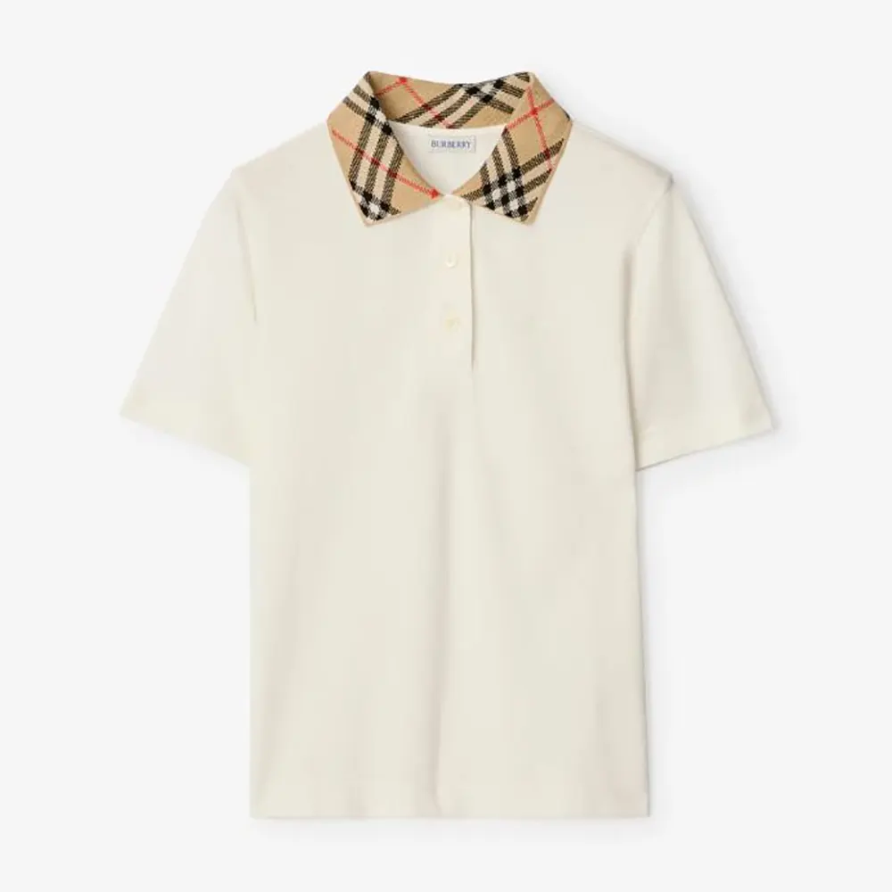 Front view of Burberry Women Check Collar Cotton Polo Shirt-White