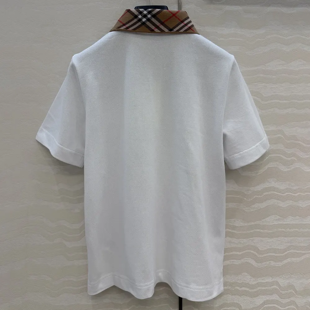 Side angle showing fit of Burberry Women Check Collar Cotton Polo Shirt-White