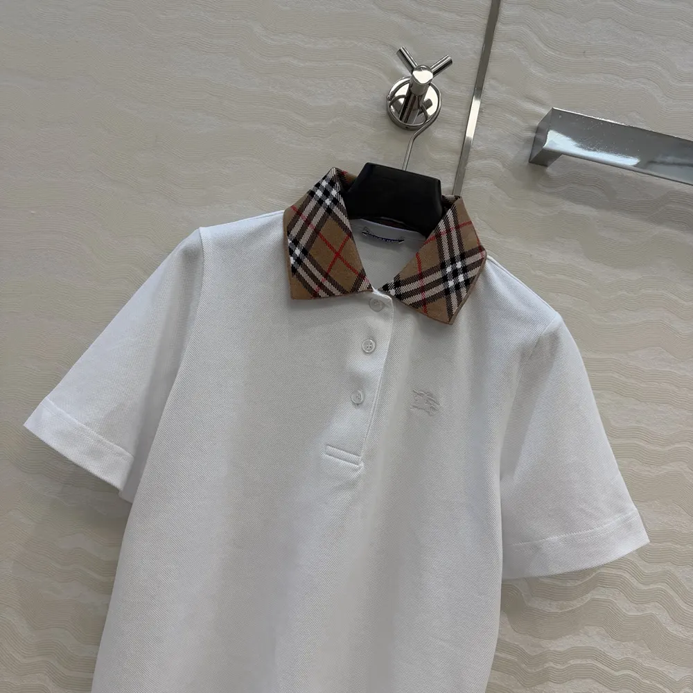 Burberry Women Check Collar Cotton Polo Shirt-White - image 4