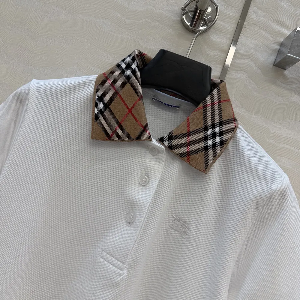 Burberry Women Check Collar Cotton Polo Shirt-White - image 5