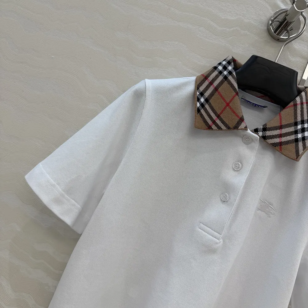 Burberry Women Check Collar Cotton Polo Shirt-White - image 6