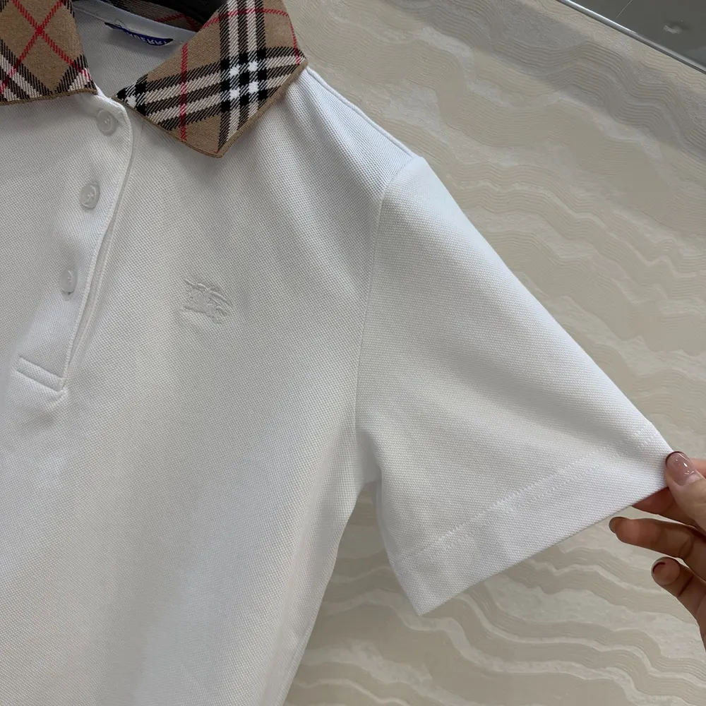 Burberry Women Check Collar Cotton Polo Shirt-White - image 7