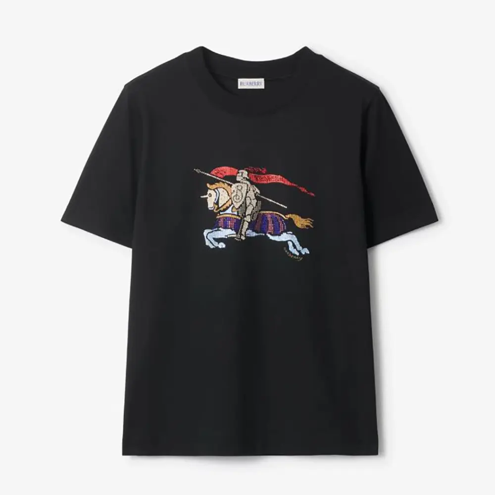 Front view of Burberry Women Crystal EKD Cotton T-shirt-Black showing crystal detail