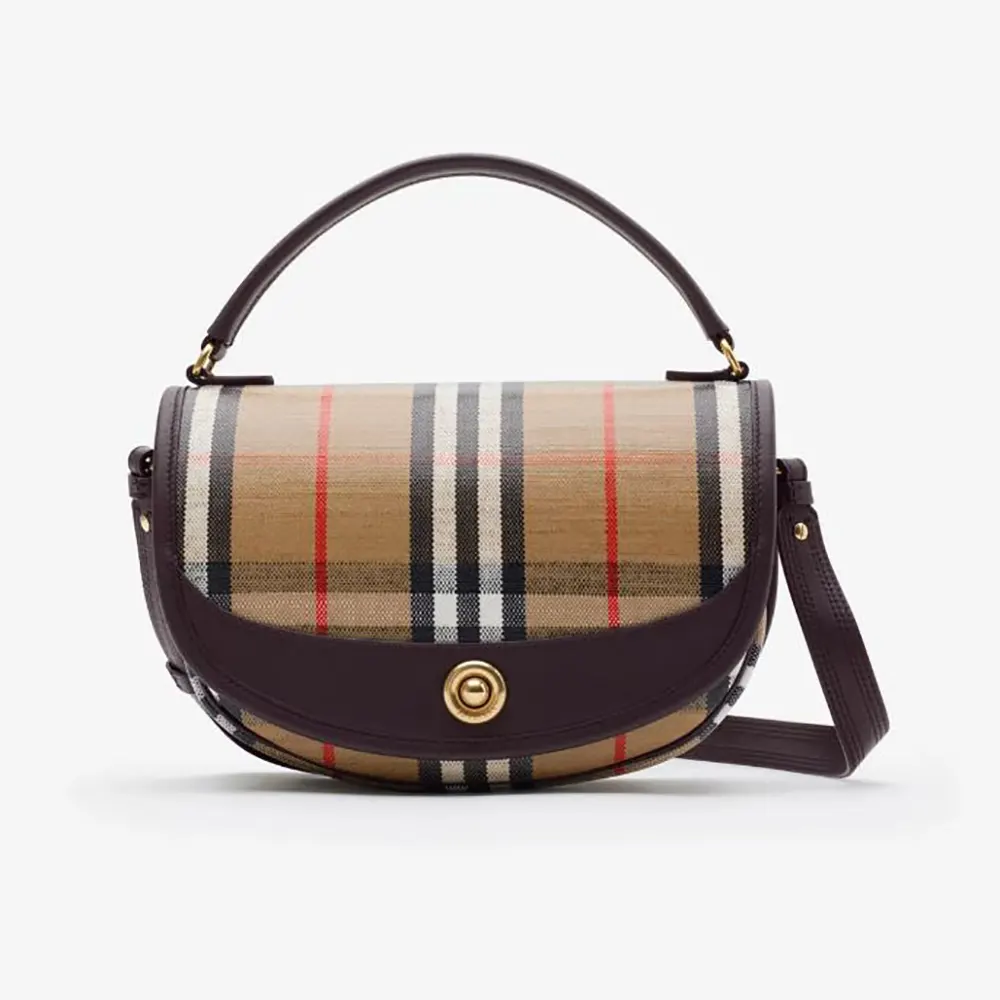Front view of Burberry Women Highlands Crossbody Bag in brown leather