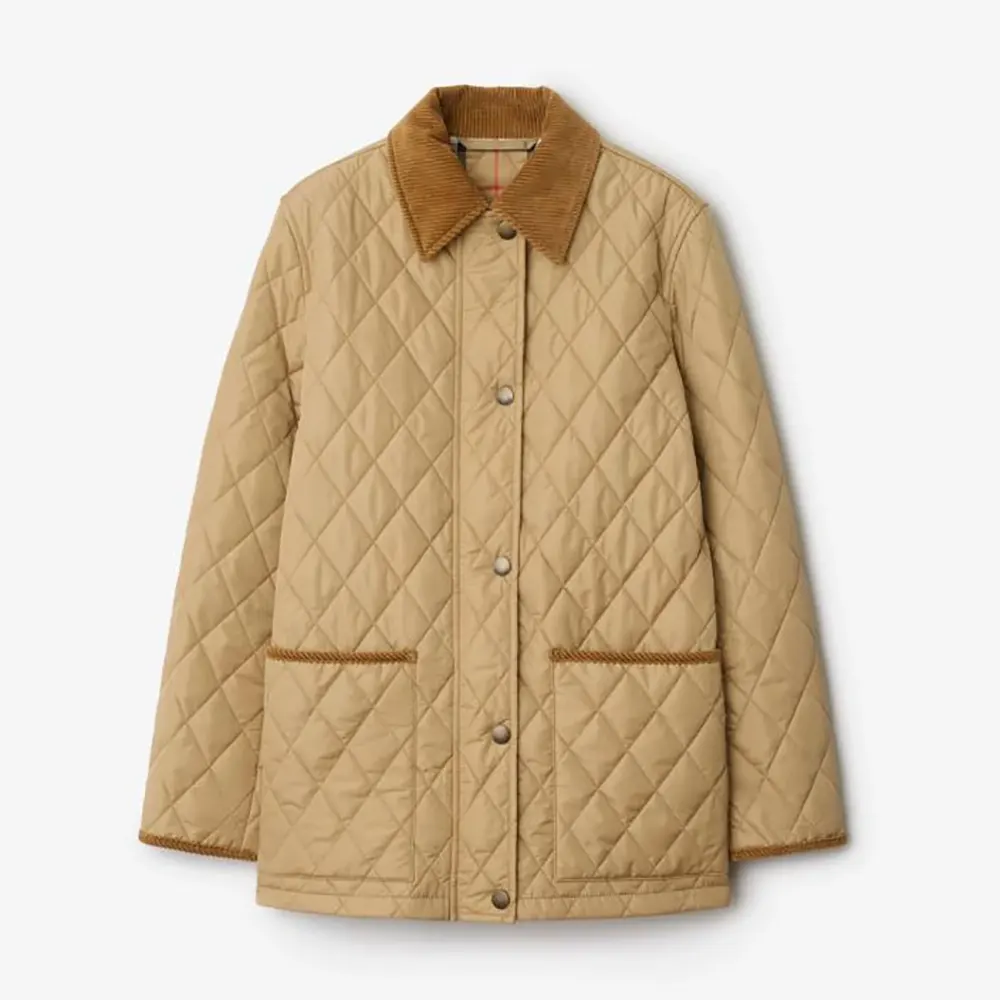 Front view of Burberry Women Quilted Nylon Barn Jacket in brown