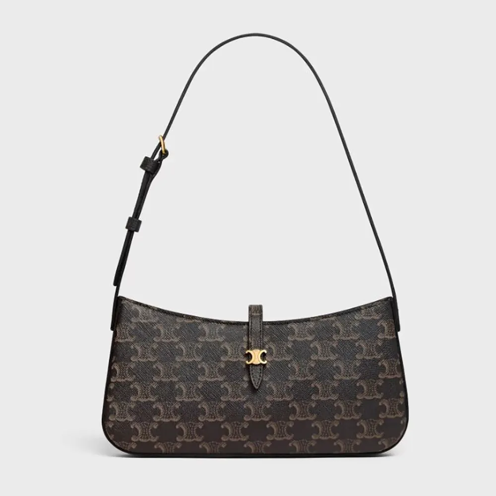 Front view of Celine Women Tina Shoulder Bag In Triomphe Canvas-Black