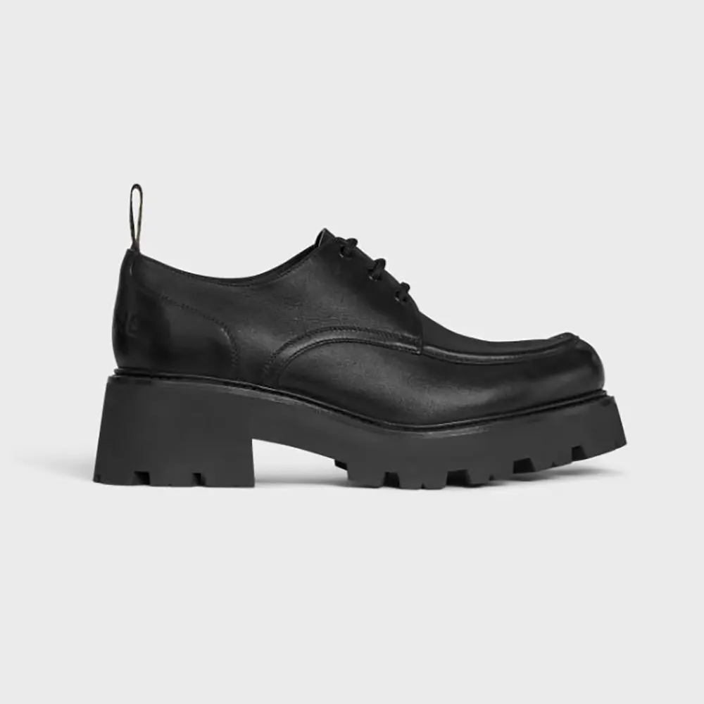 Side profile of Celine Women Triomphe Derbies in Shiny Bull-Black