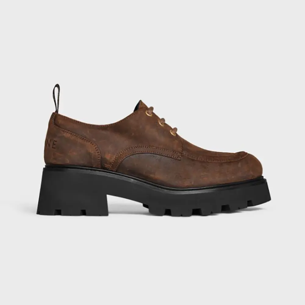Side view of Celine Women Triomphe Derbies in waxed suede calfskin-brown