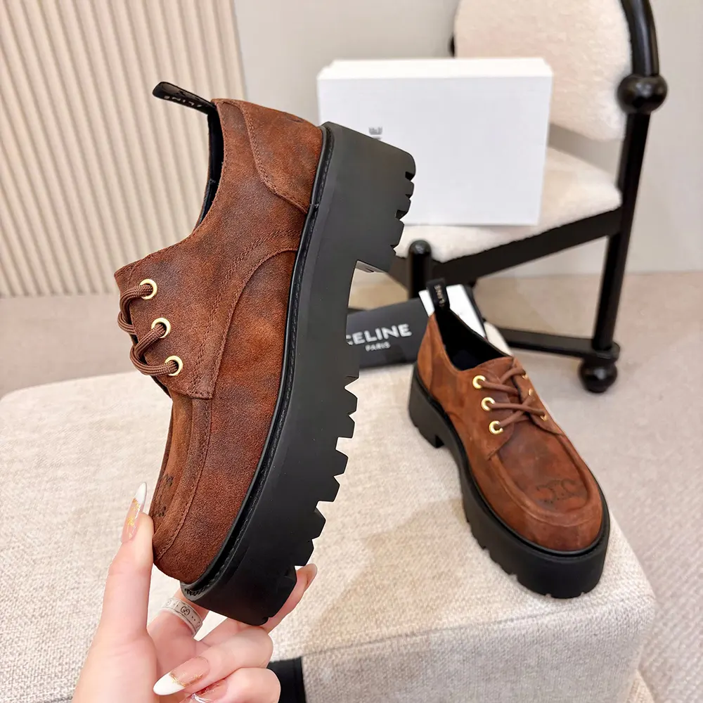 Celine Women Triomphe Derbies in Waxed Suede Calfskin-Brown - image 7