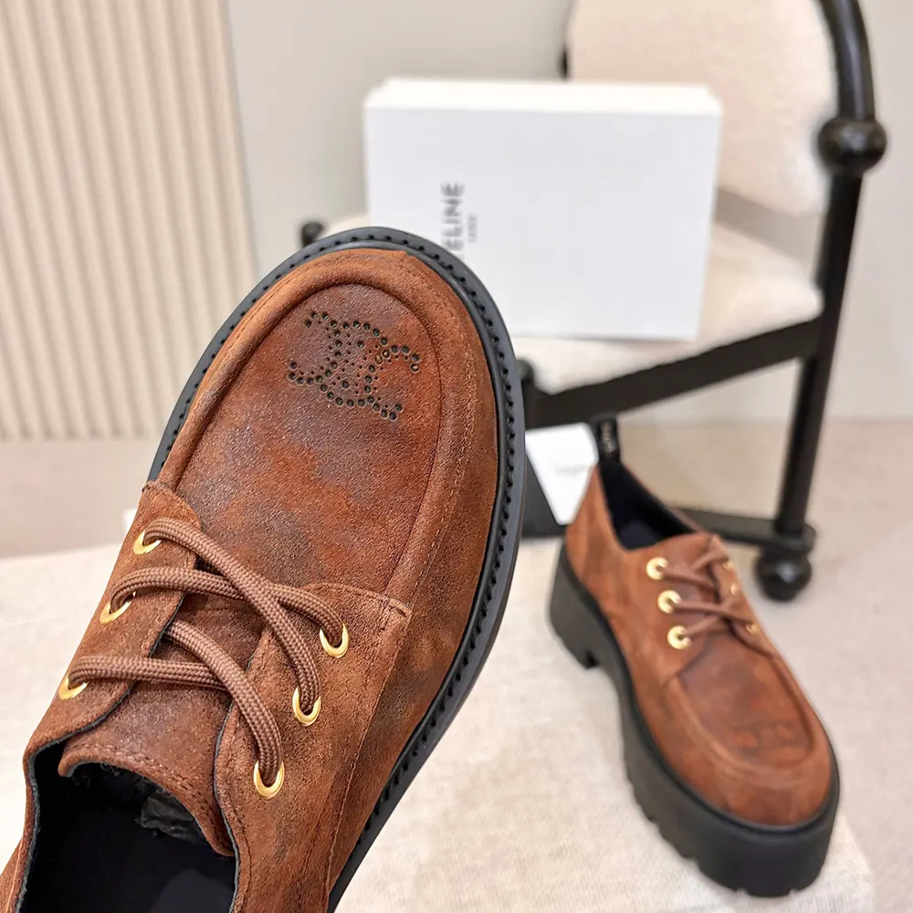 Celine Women Triomphe Derbies in Waxed Suede Calfskin-Brown - image 9
