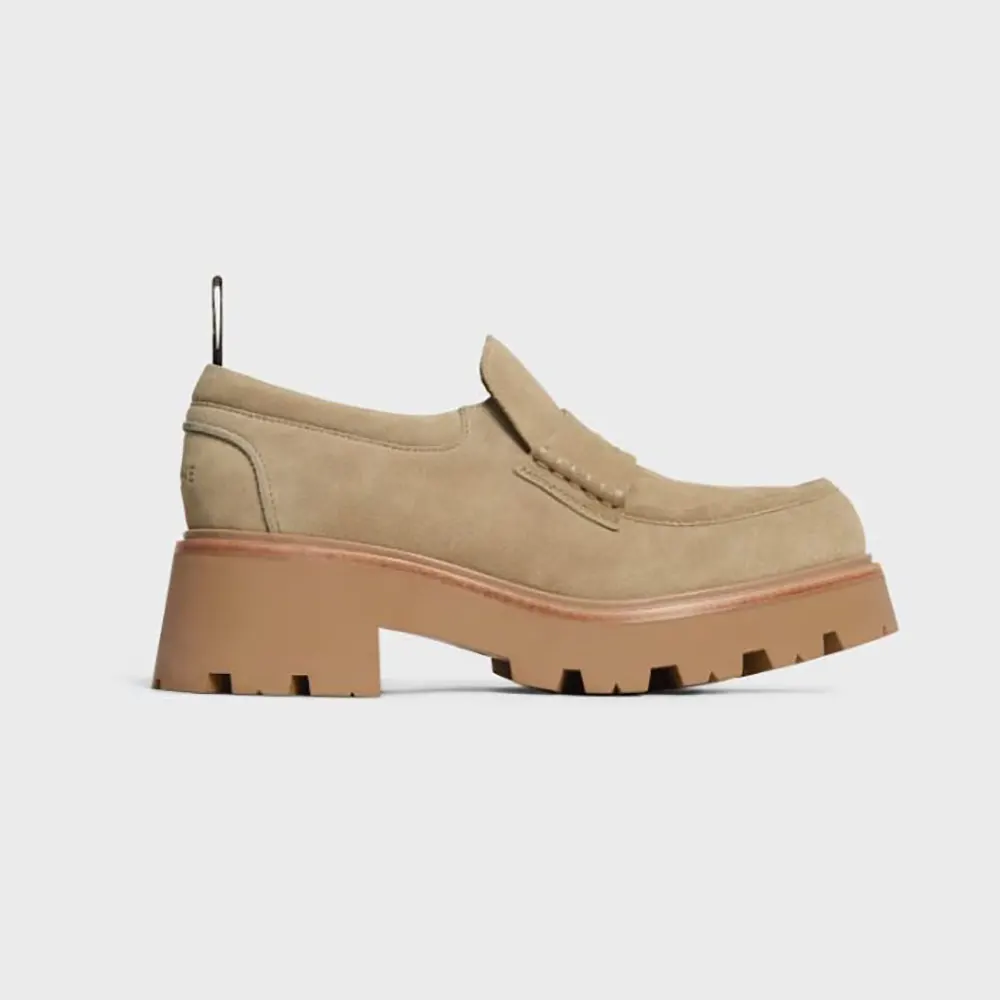 Side profile of Celine Women Triomphe Loafers in Suede Calfskin-Beige