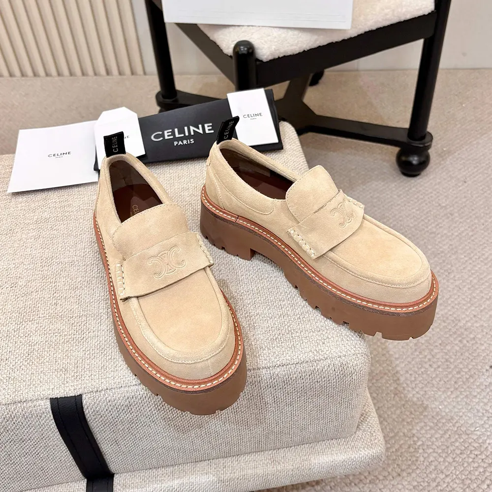 Celine Women Triomphe Loafers in Suede Calfskin-Beige - image 4