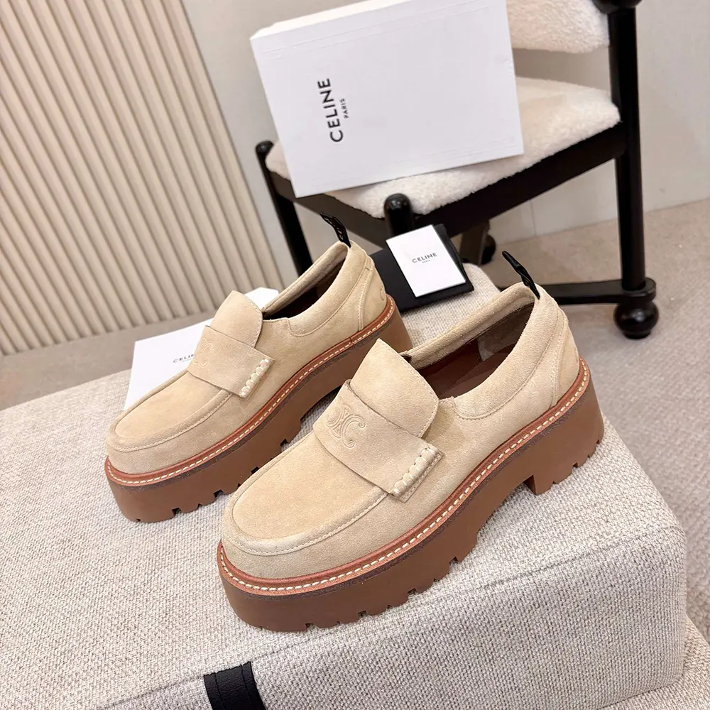 Overhead view showcasing silhouette of Celine Women Triomphe Loafers Beige