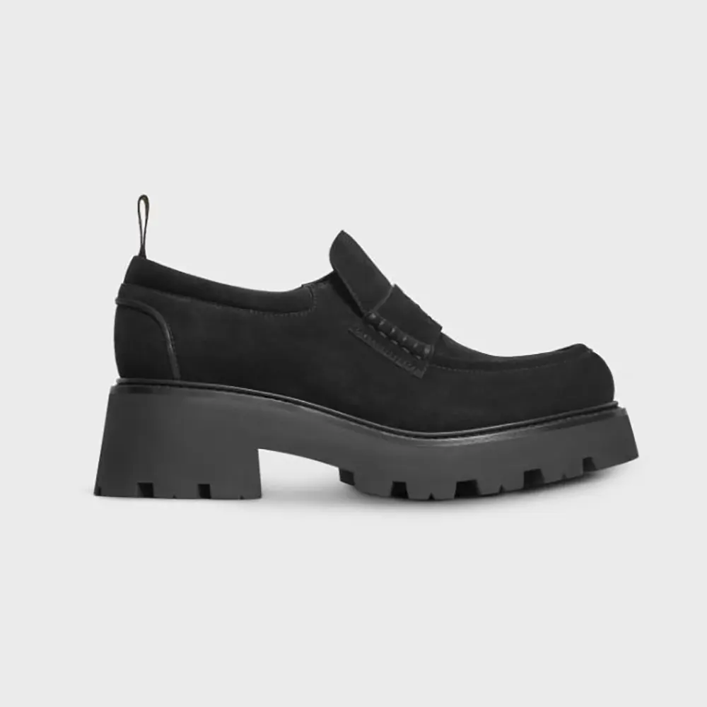 Side profile of Celine Women Triomphe Loafers in Suede Calfskin-Black
