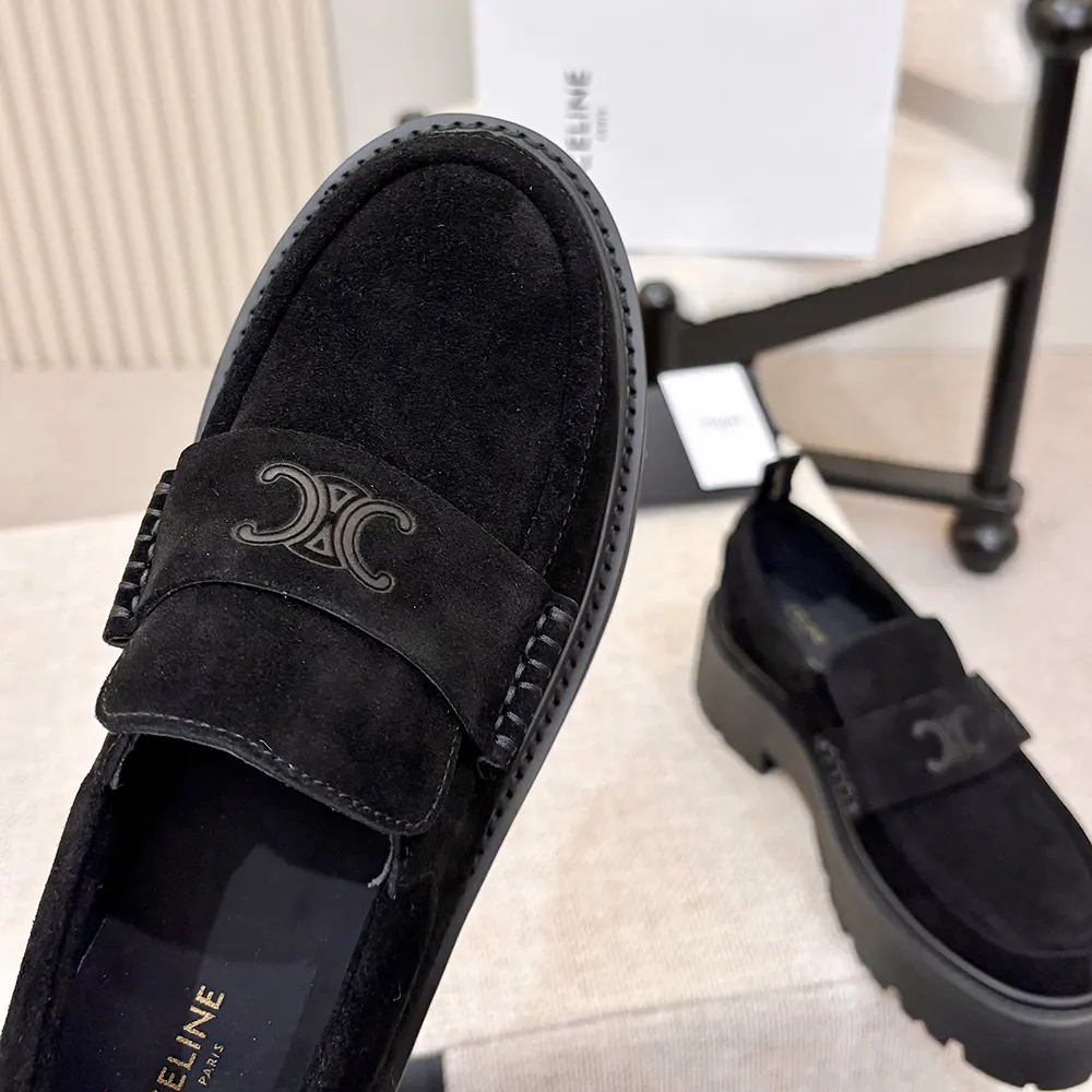 Celine Women Triomphe Loafers in Suede Calfskin-Black - image 9