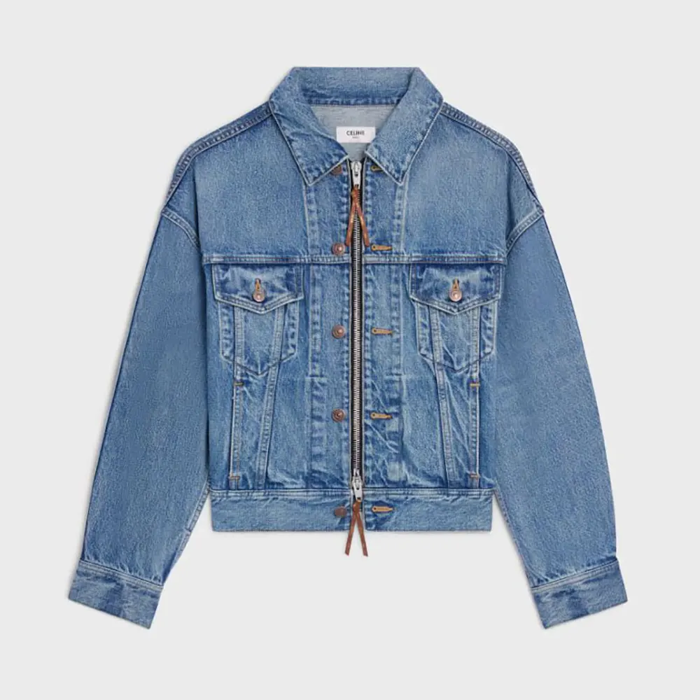 Front view of Celine Men Trucker Jacket in Denim navy color