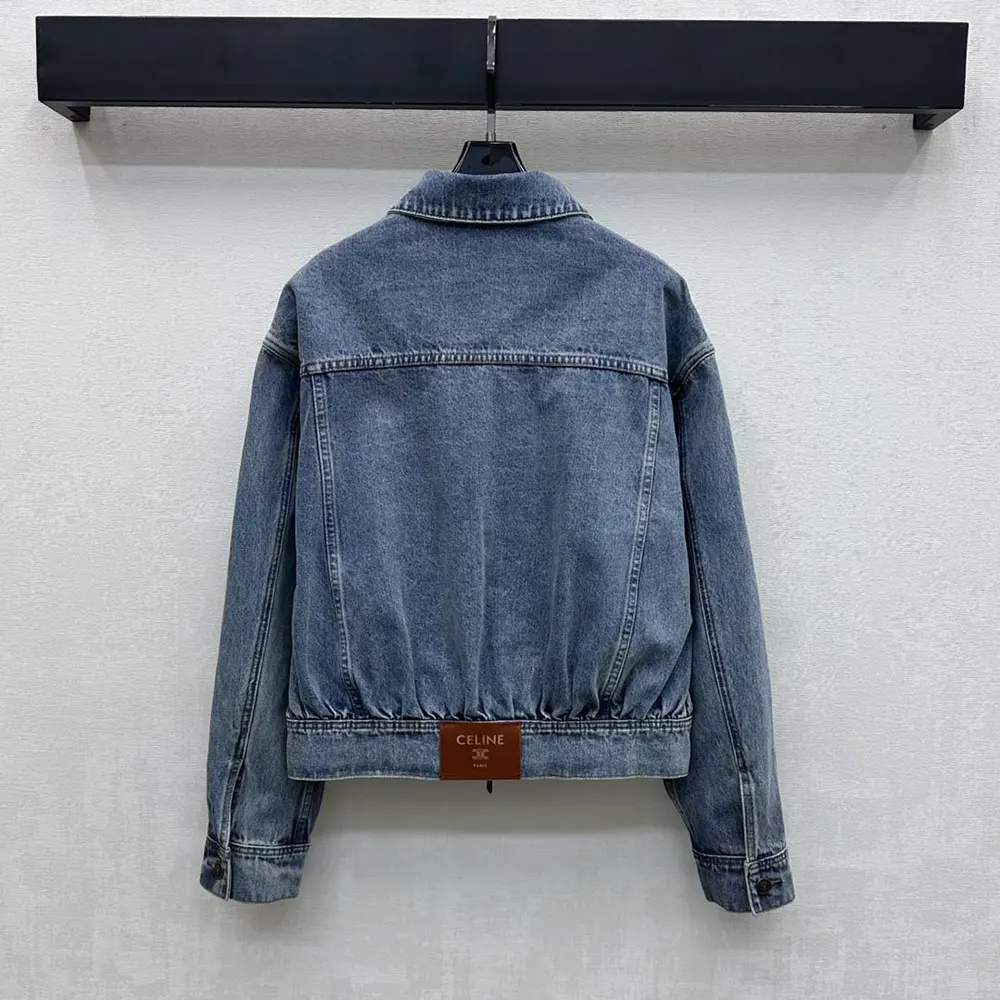 Side profile showcasing silhouette and detailed stitching on Celine jacket