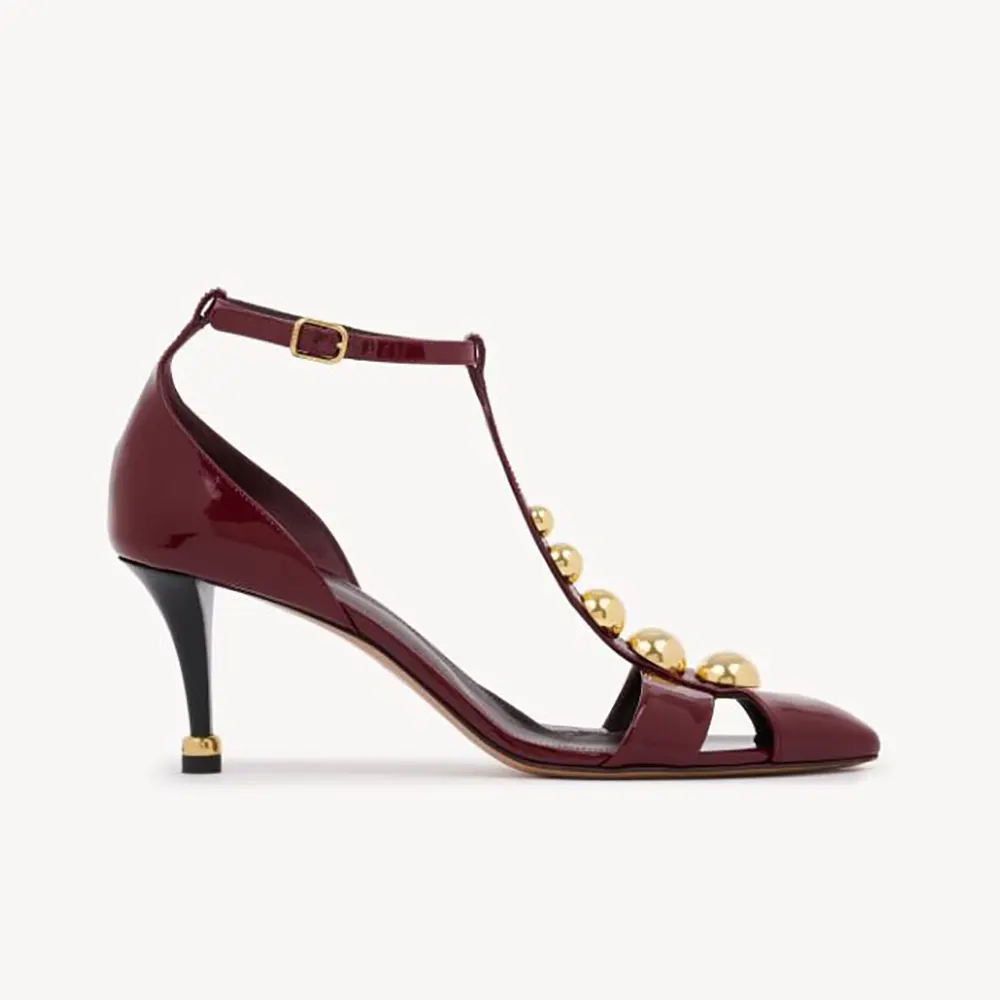 Side profile of Chloe Women Cleia Heeled Sandal-Red showing sculpted heel