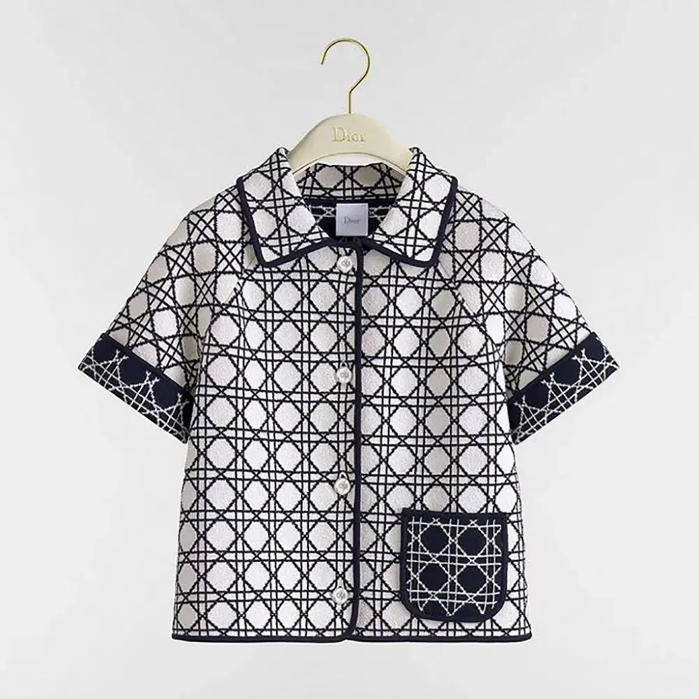Front view of Dior Women Macrocannage Short-Sleeved Jacket in navy blue tweed