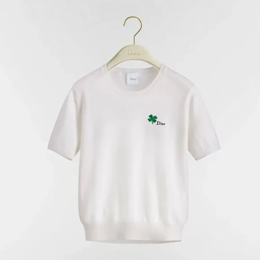 Front view of Dior Women Short-Sleeved Fitted Sweater White Wool Knit
