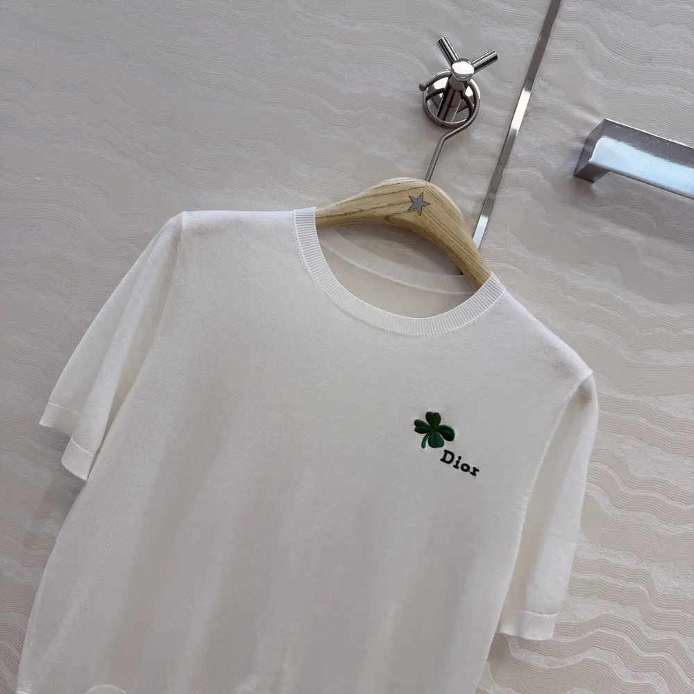 Dior Women Short-Sleeved Fitted Sweater White Wool Knit with Green and Black Dior Clover Signature - image 4