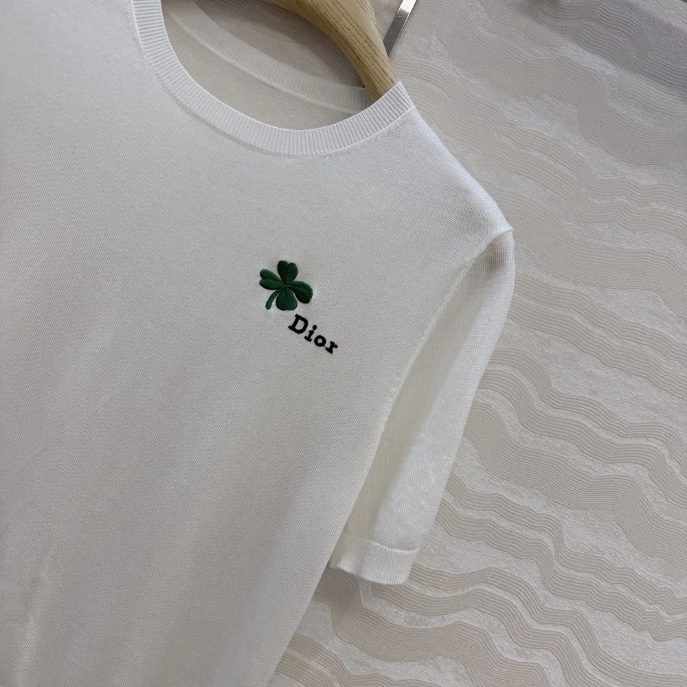 Dior Women Short-Sleeved Fitted Sweater White Wool Knit with Green and Black Dior Clover Signature - image 6