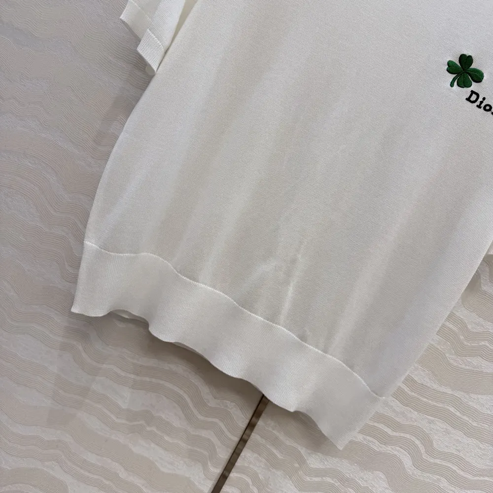 Dior Women Short-Sleeved Fitted Sweater White Wool Knit with Green and Black Dior Clover Signature - image 7
