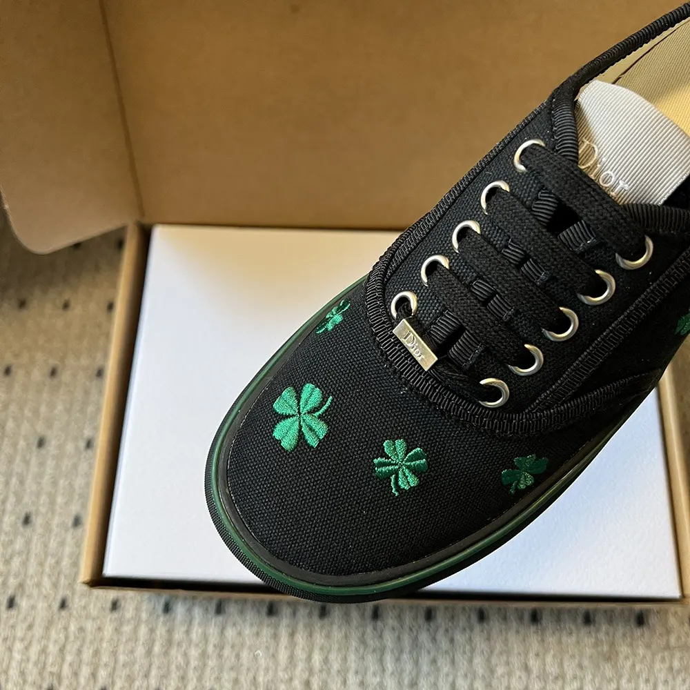 Dior Unisex Saltwind Sneaker Black Cotton Embroidered with Bright Green Dior Clover Motif - image 8