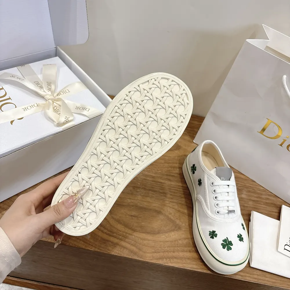 Dior Unisex Saltwind Sneaker White Cotton Embroidered with Bright Green Dior Clover Motif - image 7