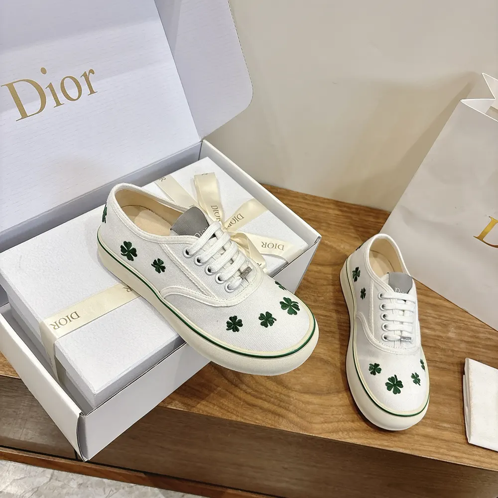 Dior Unisex Saltwind Sneaker White Cotton Embroidered with Bright Green Dior Clover Motif - image 6