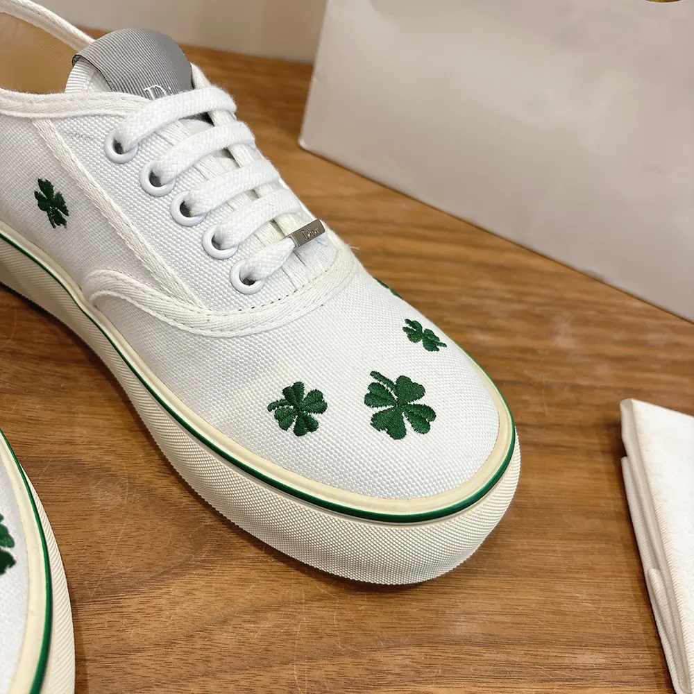 Dior Unisex Saltwind Sneaker White Cotton Embroidered with Bright Green Dior Clover Motif - image 8