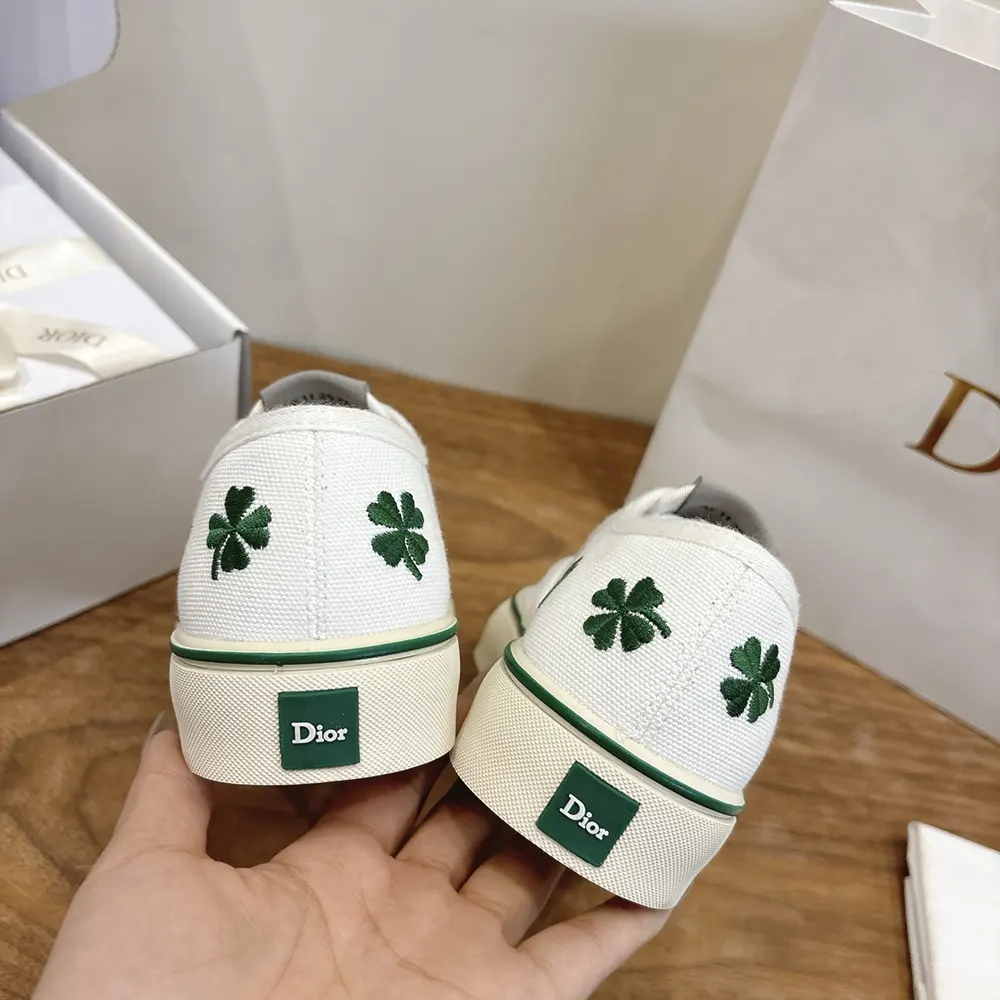Dior Unisex Saltwind Sneaker White Cotton Embroidered with Bright Green Dior Clover Motif - image 10