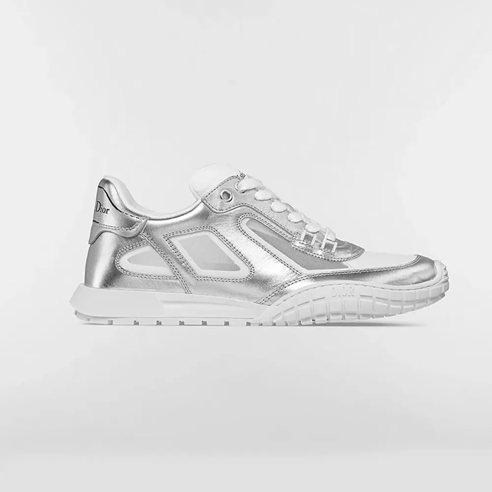 Side profile of Dior Unisex Tech Sneaker in silver-tone laminated calfskin